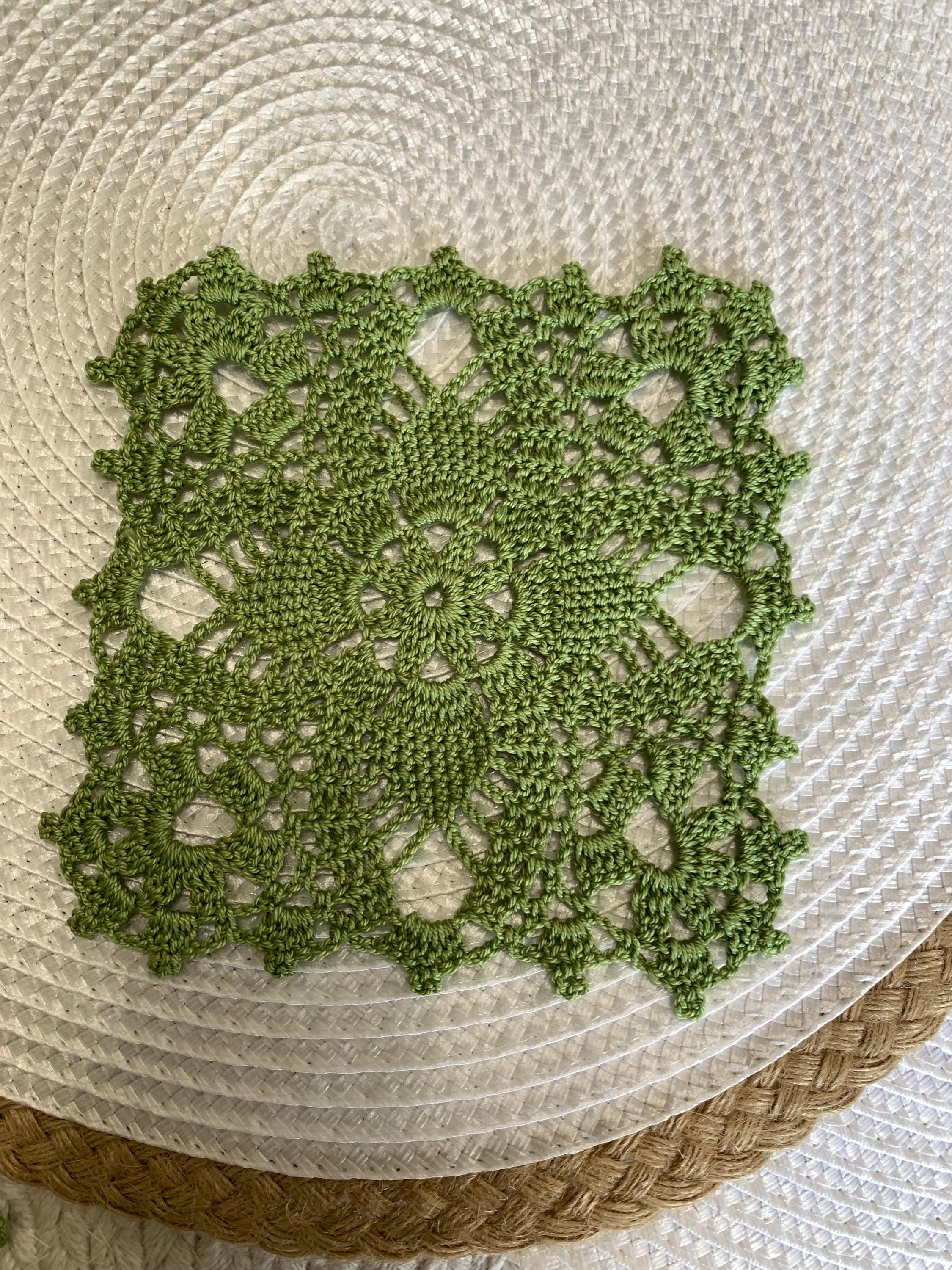 Avocado Green Square Crochet Doilies – Set of 2 | 5.5” Handmade Lace Accents | Vintage-Style Table Decor