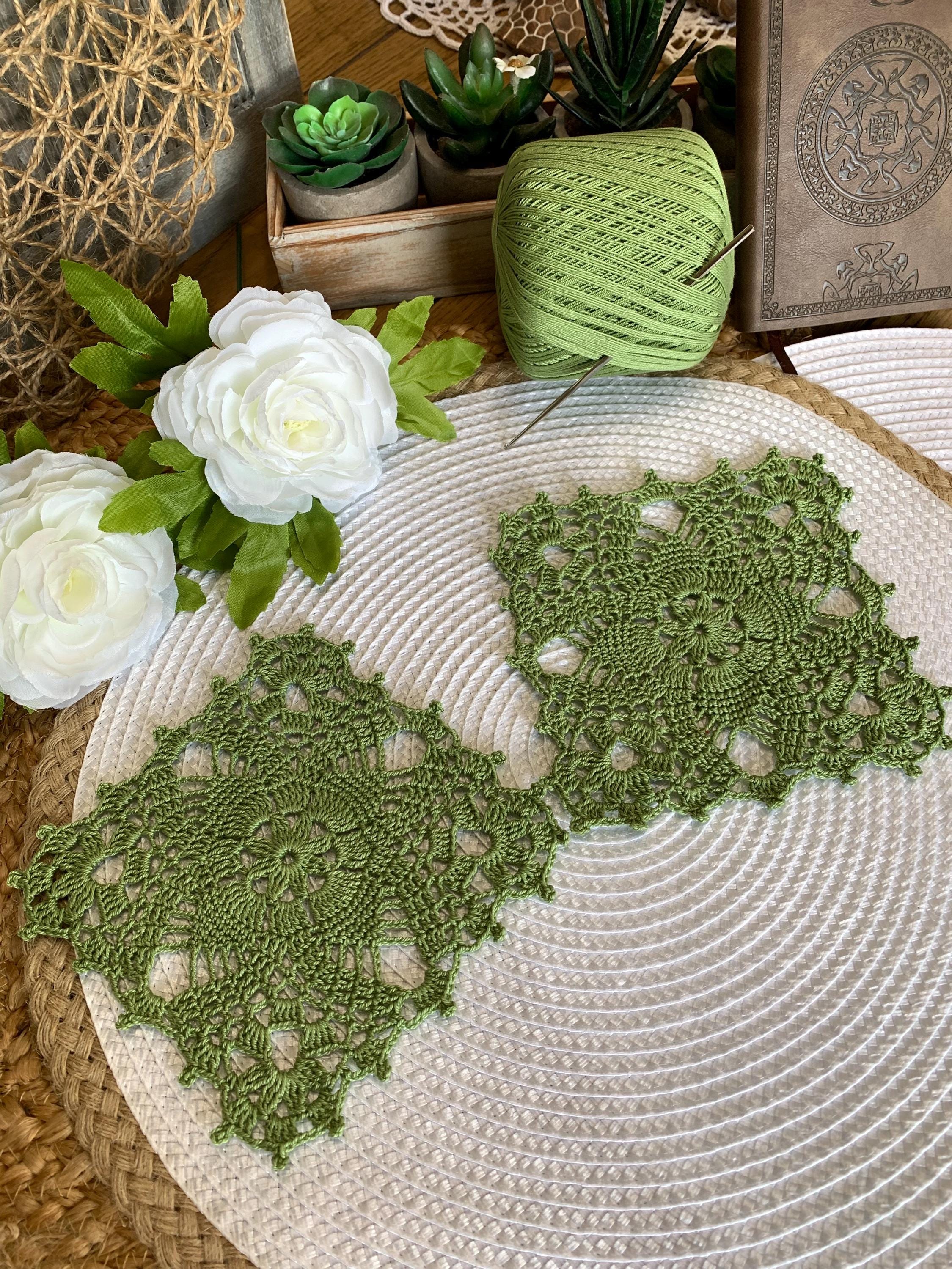 Avocado Green Square Crochet Doilies – Set of 2 | 5.5” Handmade Lace Accents | Vintage-Style Table Decor