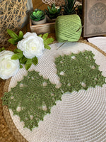 Load image into Gallery viewer, Avocado Green Square Crochet Doilies – Set of 2 | 5.5” Handmade Lace Accents | Vintage-Style Table Decor
