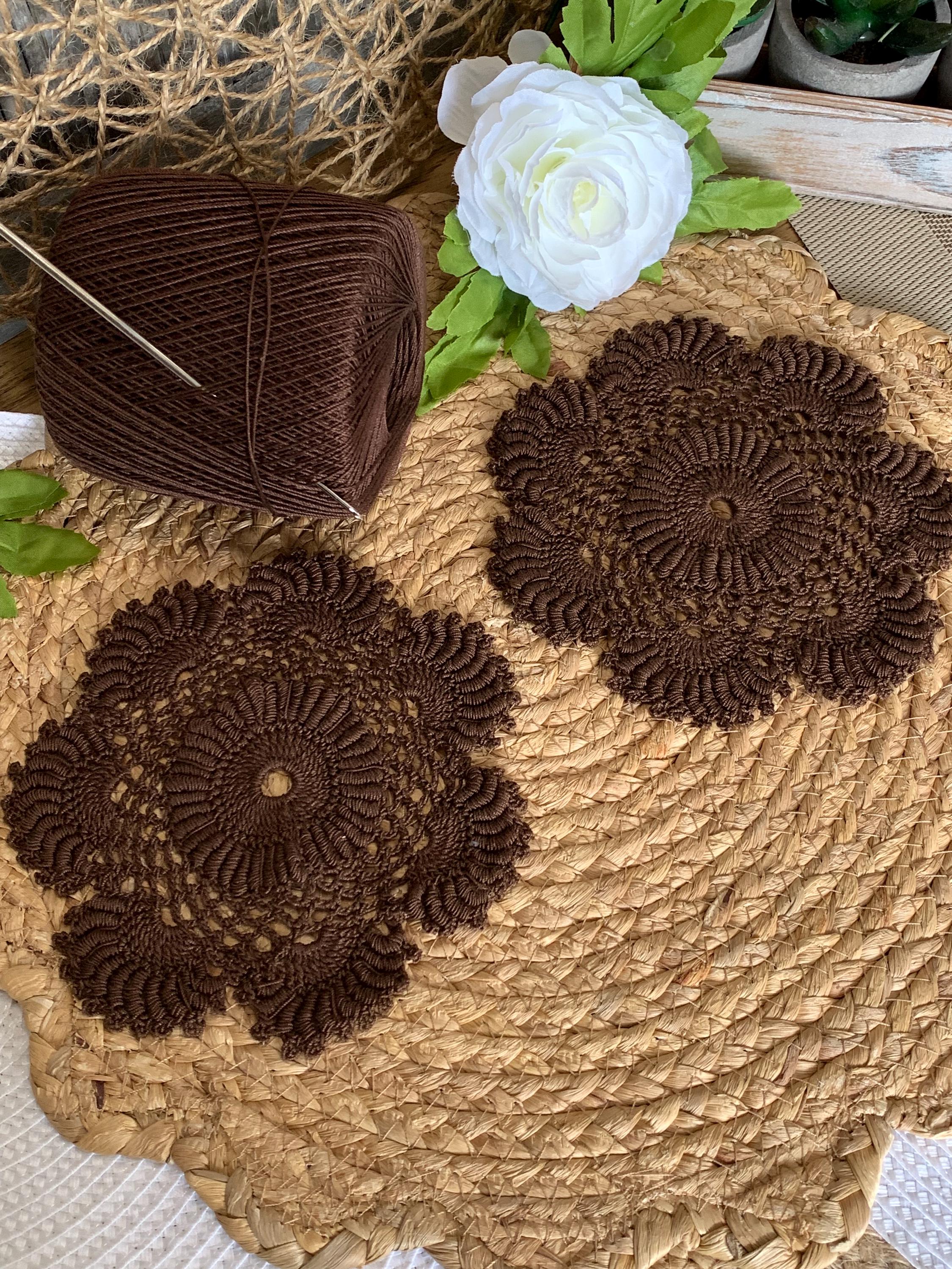 Set of 2 Chocolate Brown Crochet Doilies | 6.5” Round Dimensional Lace | Handmade Cotton Home Décor