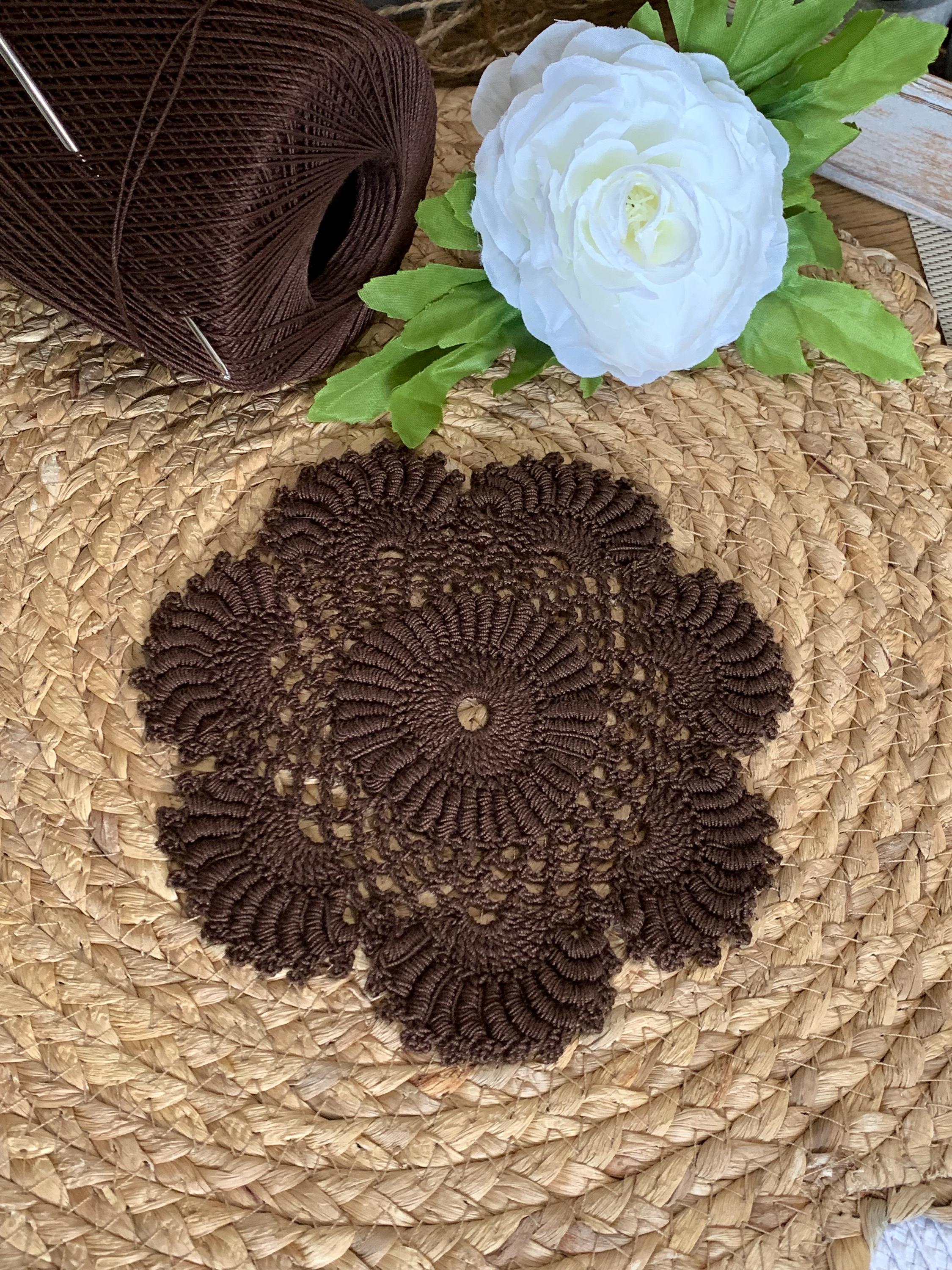 Set of 2 Chocolate Brown Crochet Doilies | 6.5” Round Dimensional Lace | Handmade Cotton Home Décor