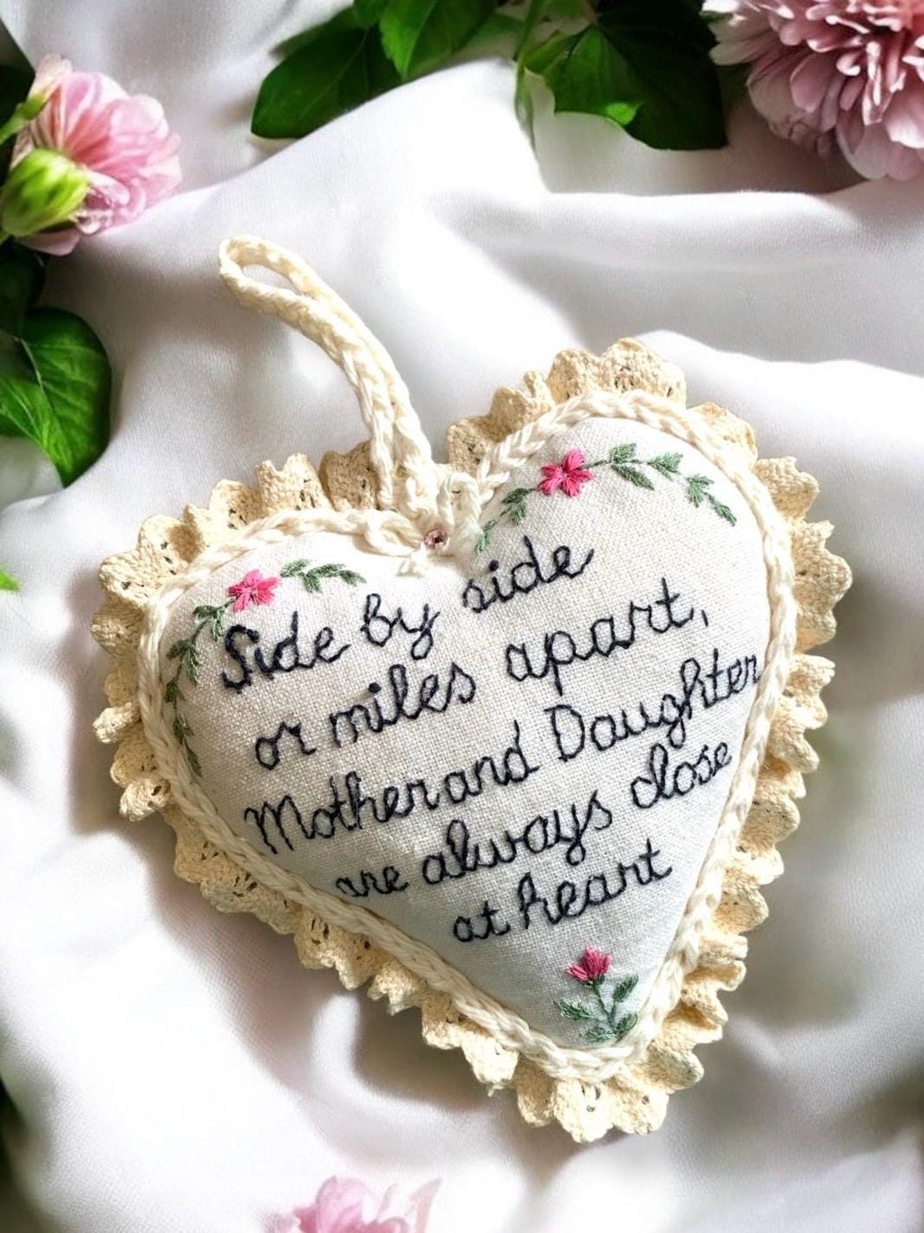Embroidered Heart Ornament – Mother and Daughter Gift