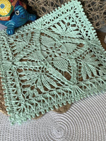 Load image into Gallery viewer, 13” Mint Green Crochet Doily – Handmade Square Lace Table Accent with Thick Cotton Thread
