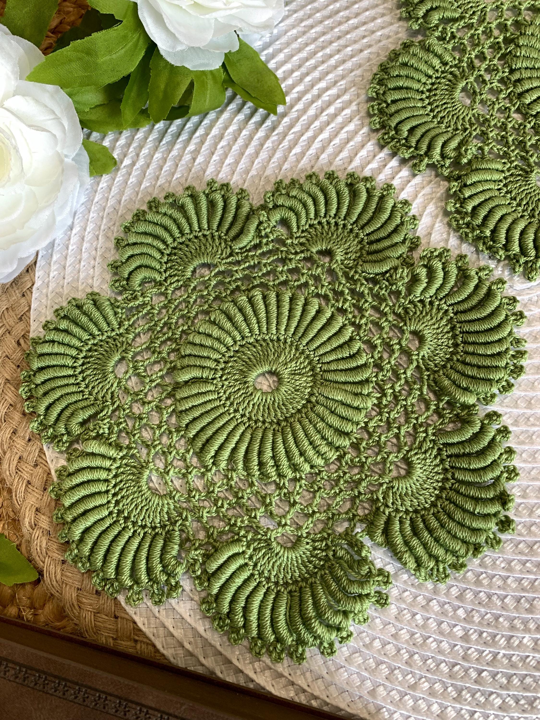 Avocado Green Crochet Doilies – Set of 2 | 6.5” Round Dimensional Lace Accents | Handmade Cottagecore Home Décor