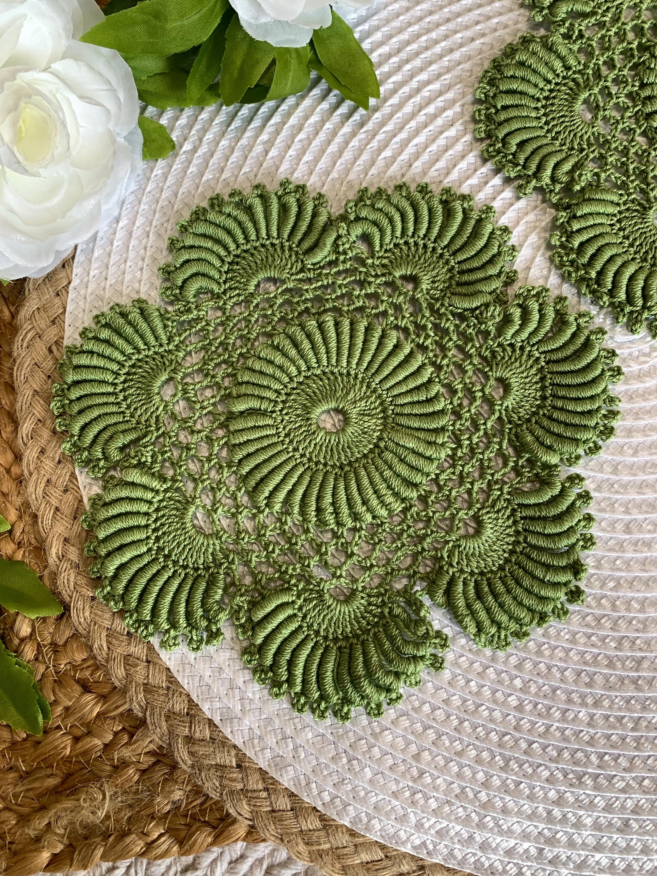 Avocado Green Crochet Doilies – Set of 2 | 6.5” Round Dimensional Lace Accents | Handmade Cottagecore Home Décor