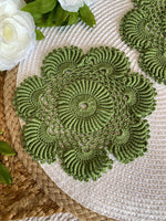 Load image into Gallery viewer, Avocado Green Crochet Doilies – Set of 2 | 6.5” Round Dimensional Lace Accents | Handmade Cottagecore Home Décor
