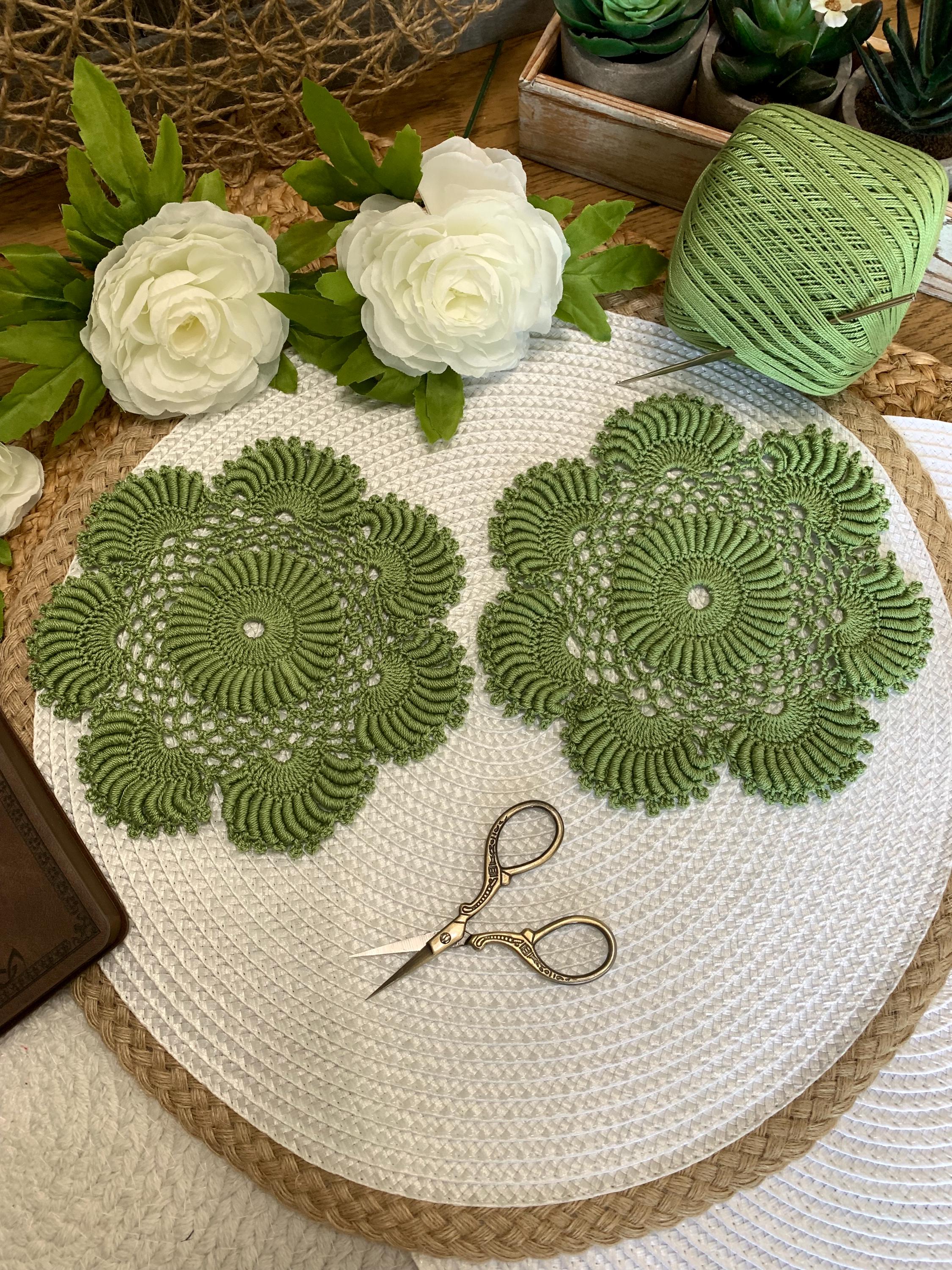 Avocado Green Crochet Doilies – Set of 2 | 6.5” Round Dimensional Lace Accents | Handmade Cottagecore Home Décor