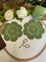 Load image into Gallery viewer, Avocado Green Crochet Doilies – Set of 2 | 6.5” Round Dimensional Lace Accents | Handmade Cottagecore Home Décor
