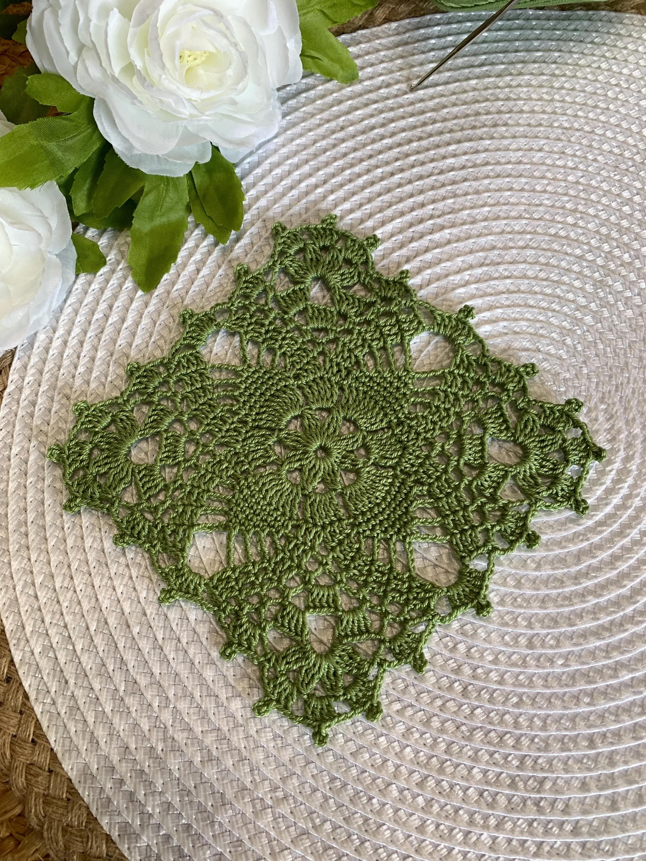 Avocado Green Square Crochet Doilies – Set of 2 | 5.5” Handmade Lace Accents | Vintage-Style Table Decor