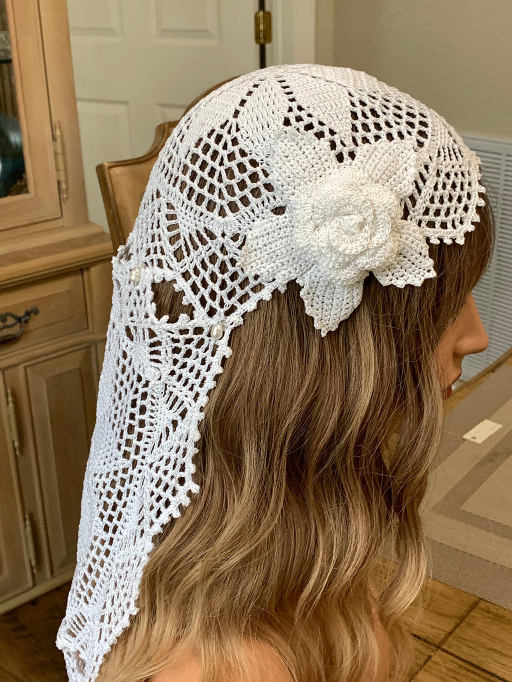 Handmade Crochet Wedding Veil – Available in Cream, Ecru, Antique White & White with Freshwater Pearl Accents