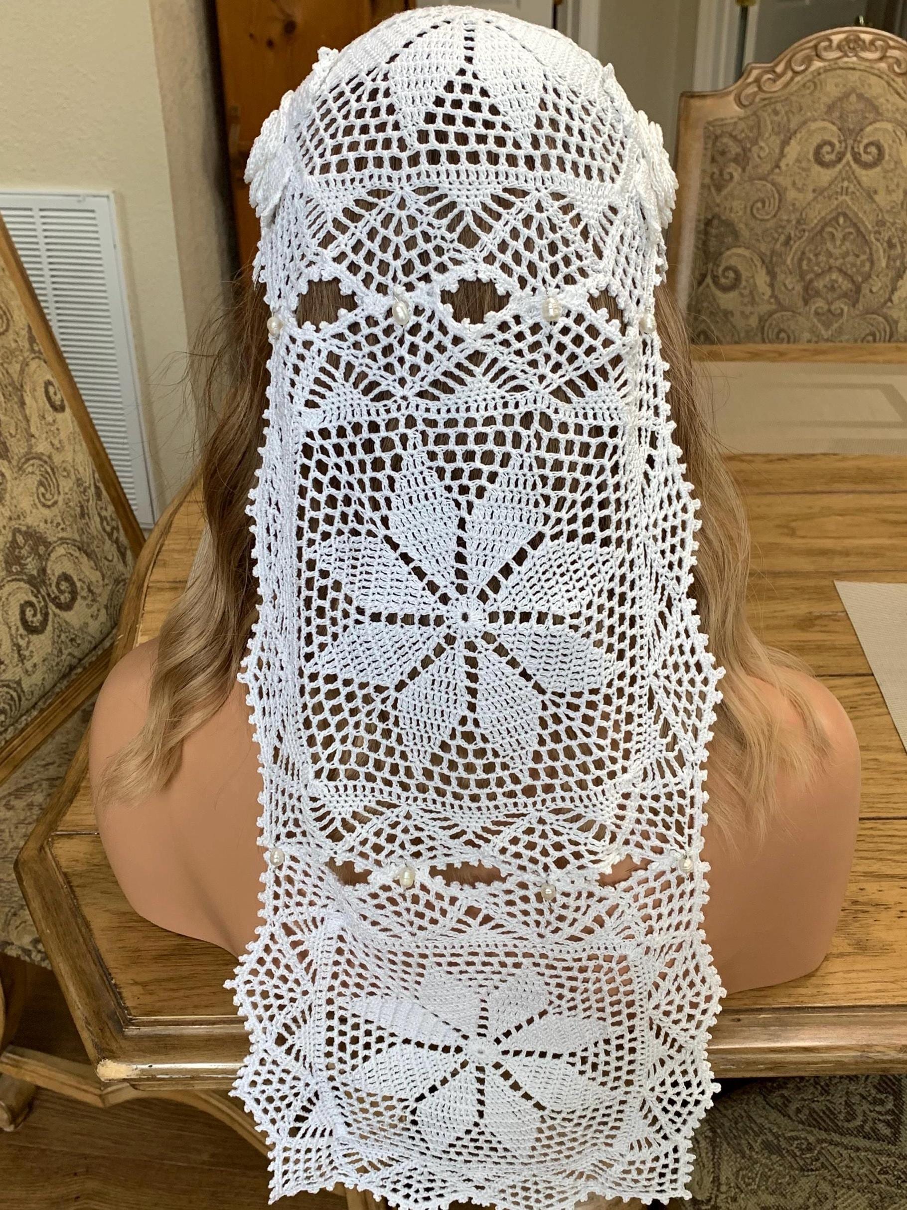 Handmade Crochet Wedding Veil – Available in Cream, Ecru, Antique White & White with Freshwater Pearl Accents