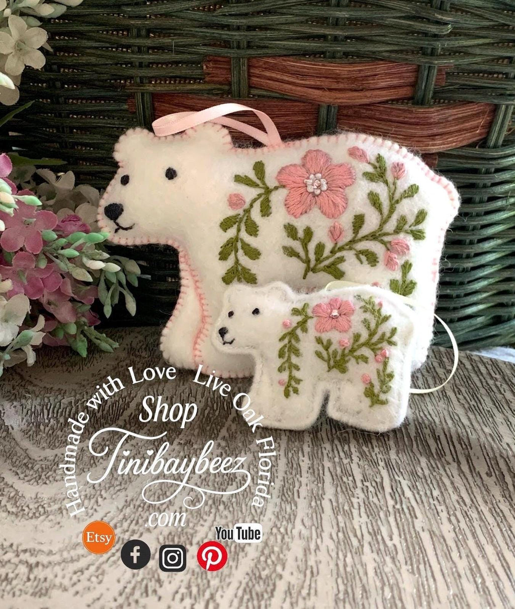 Heirloom Felt Polar Bear Ornament Set Pink – Embroidered Mama and Baby – Handmade Gift for Nursery or Holiday Keepsake