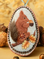 Load image into Gallery viewer, Felt Squirrel Ornament – Hand Embroidered – Needle Felted – with Wooden Bead Accents – Woodland Fall Animal Decor
