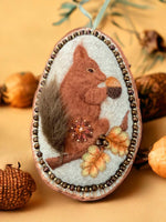 Load image into Gallery viewer, Felt Squirrel Ornament – Hand Embroidered – Needle Felted – with Wooden Bead Accents – Woodland Fall Animal Decor
