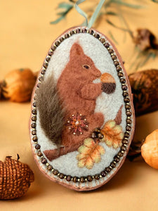 Felt Squirrel Ornament – Hand Embroidered – Needle Felted – with Wooden Bead Accents – Woodland Fall Animal Decor