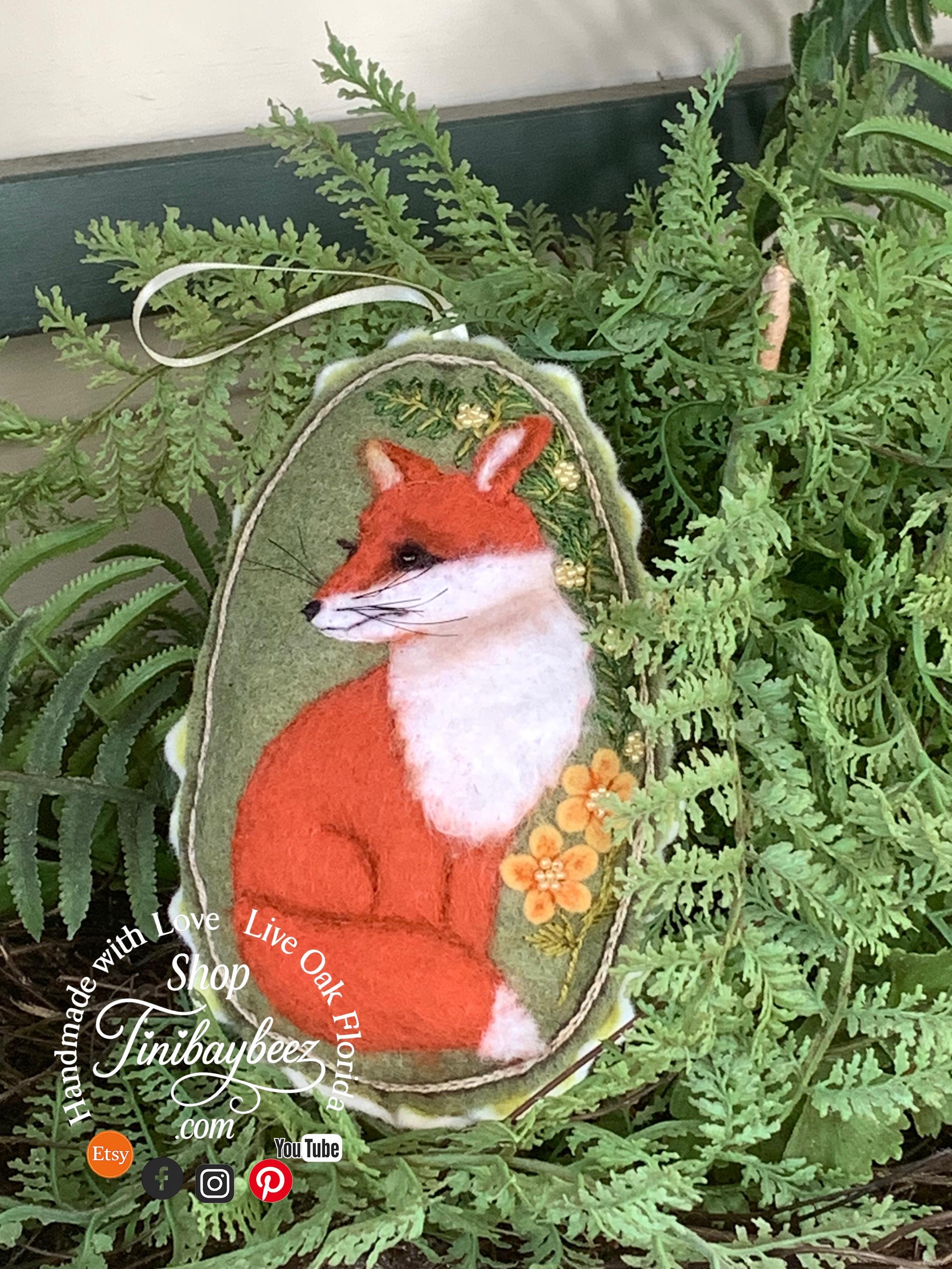 Felt Fox Ornament – Hand Embroidered – Needle Felted – Woodland Animal with Floral Accents
