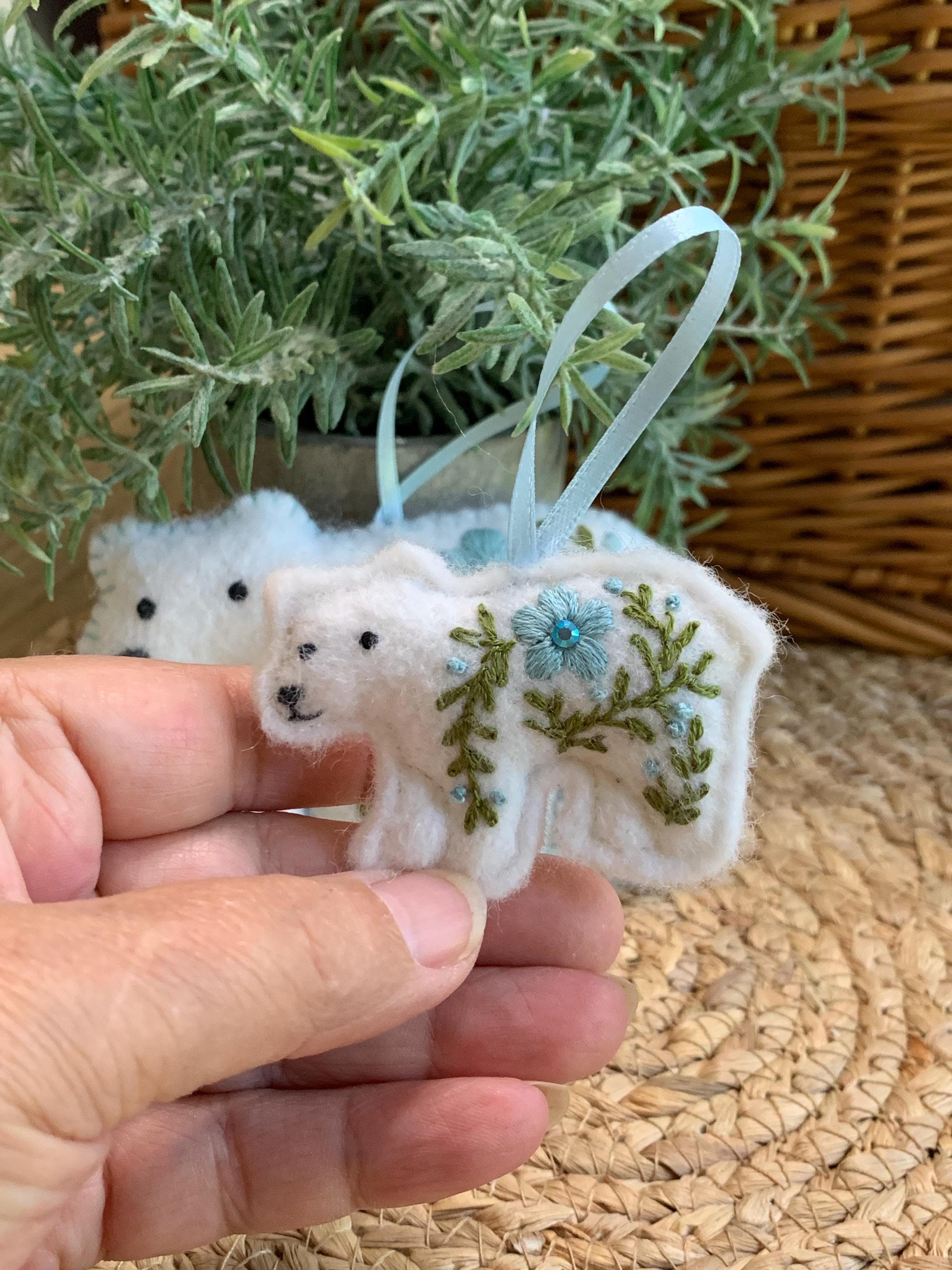 Heirloom Felt Polar Bear Ornament Set Baby Blue – Embroidered Mama and Baby – Handmade Gift for Nursery or Holiday Keepsake
