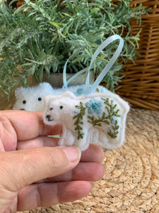Heirloom Felt Polar Bear Ornament Set Baby Blue – Embroidered Mama and Baby – Handmade Gift for Nursery or Holiday Keepsake