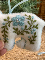 Load image into Gallery viewer, Heirloom Felt Polar Bear Ornament Set Baby Blue – Embroidered Mama and Baby – Handmade Gift for Nursery or Holiday Keepsake
