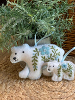 Load image into Gallery viewer, Heirloom Felt Polar Bear Ornament Set Baby Blue – Embroidered Mama and Baby – Handmade Gift for Nursery or Holiday Keepsake
