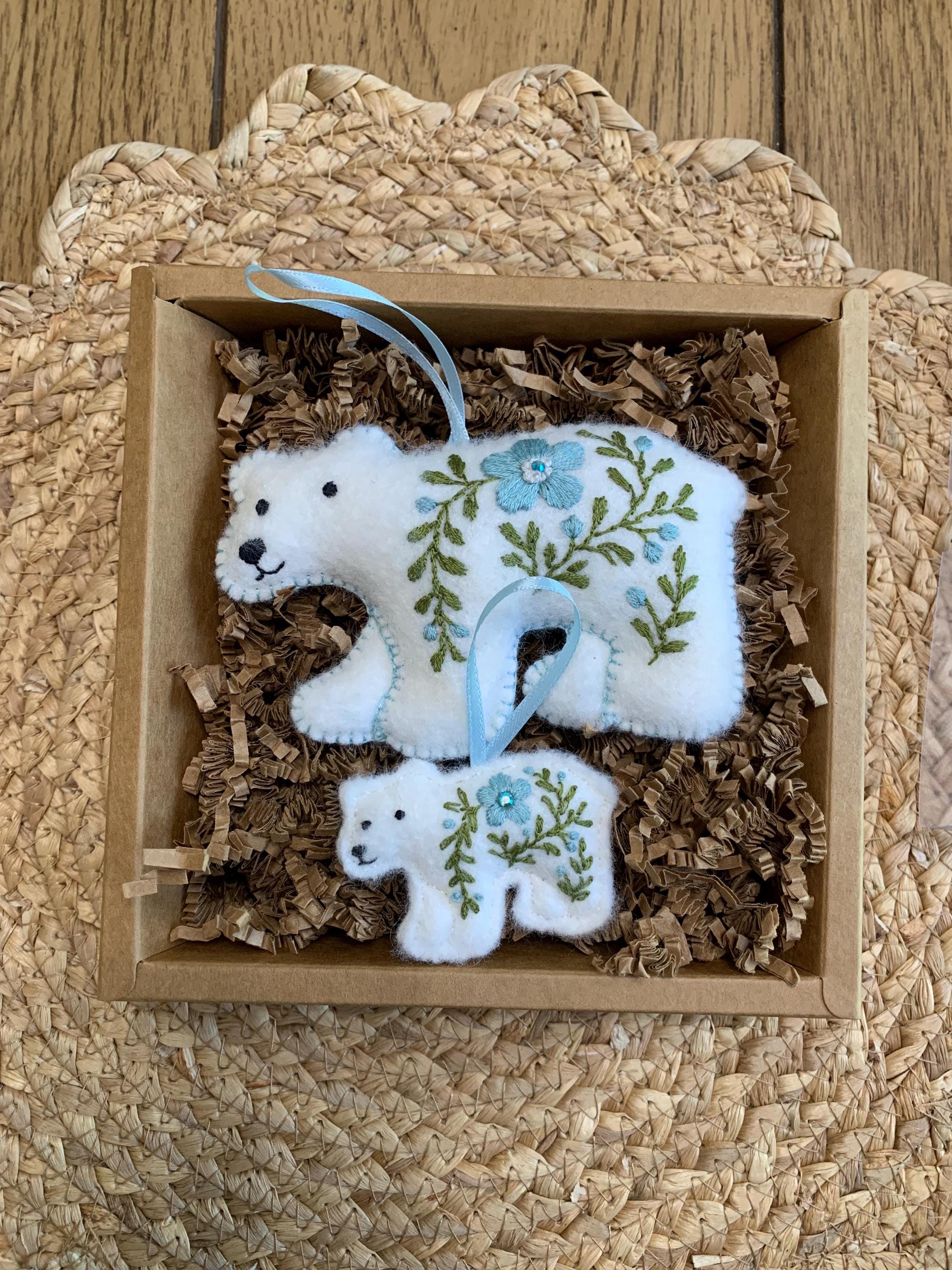 Heirloom Felt Polar Bear Ornament Set Baby Blue – Embroidered Mama and Baby – Handmade Gift for Nursery or Holiday Keepsake
