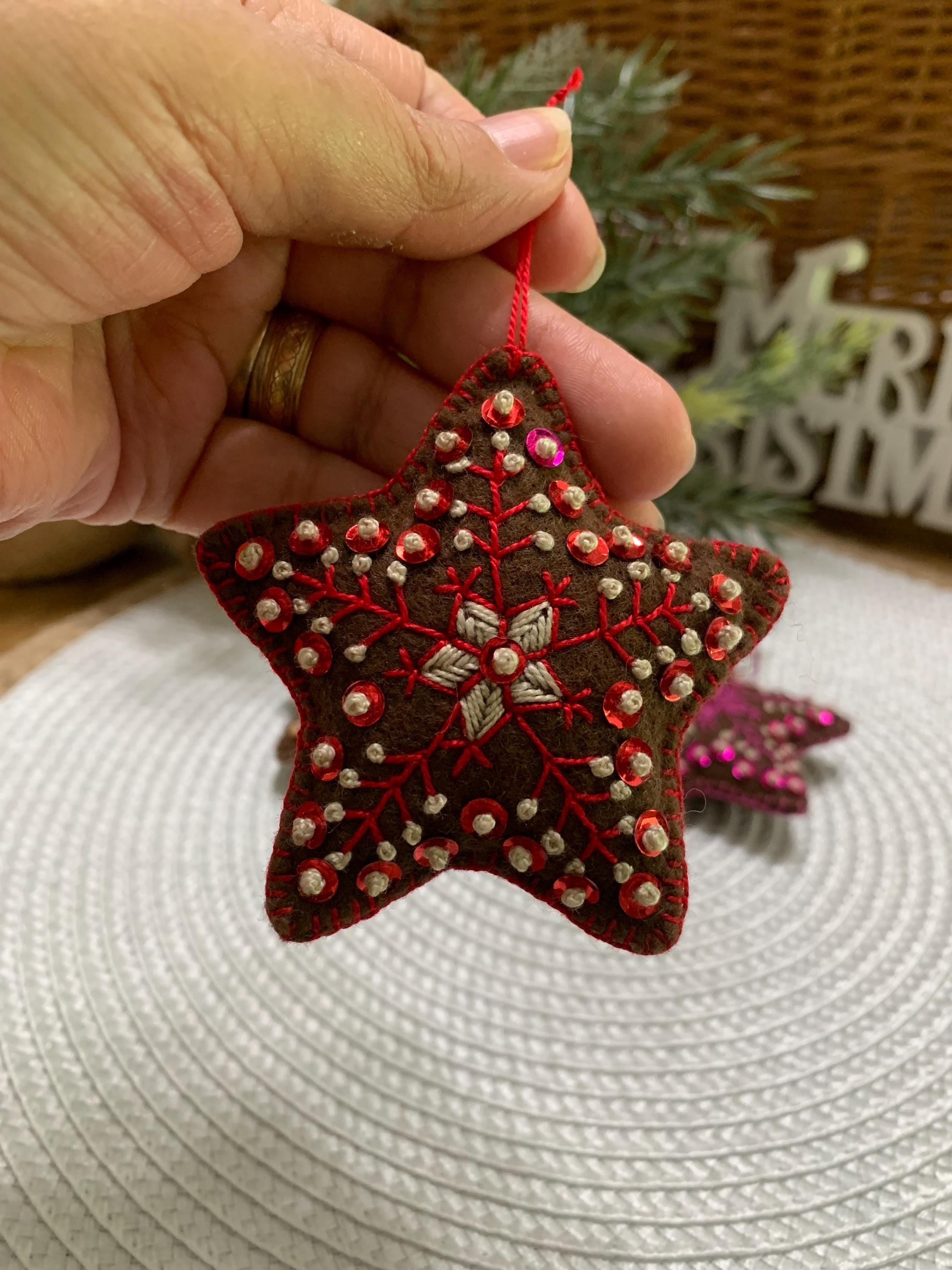 Star Ornament-Felt Ornament-Embroidered Star Ornament -Ornament Exchange Gift