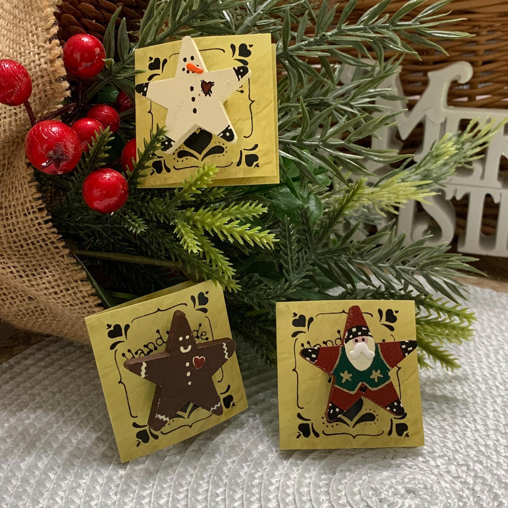Primitive Star Christmas Pins – Hand Painted Santa, Snowman & Gingerbread Folk Art Set