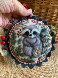 Felt Raccoon Ornament – Embroidered and Needle Felted Woodland Animal