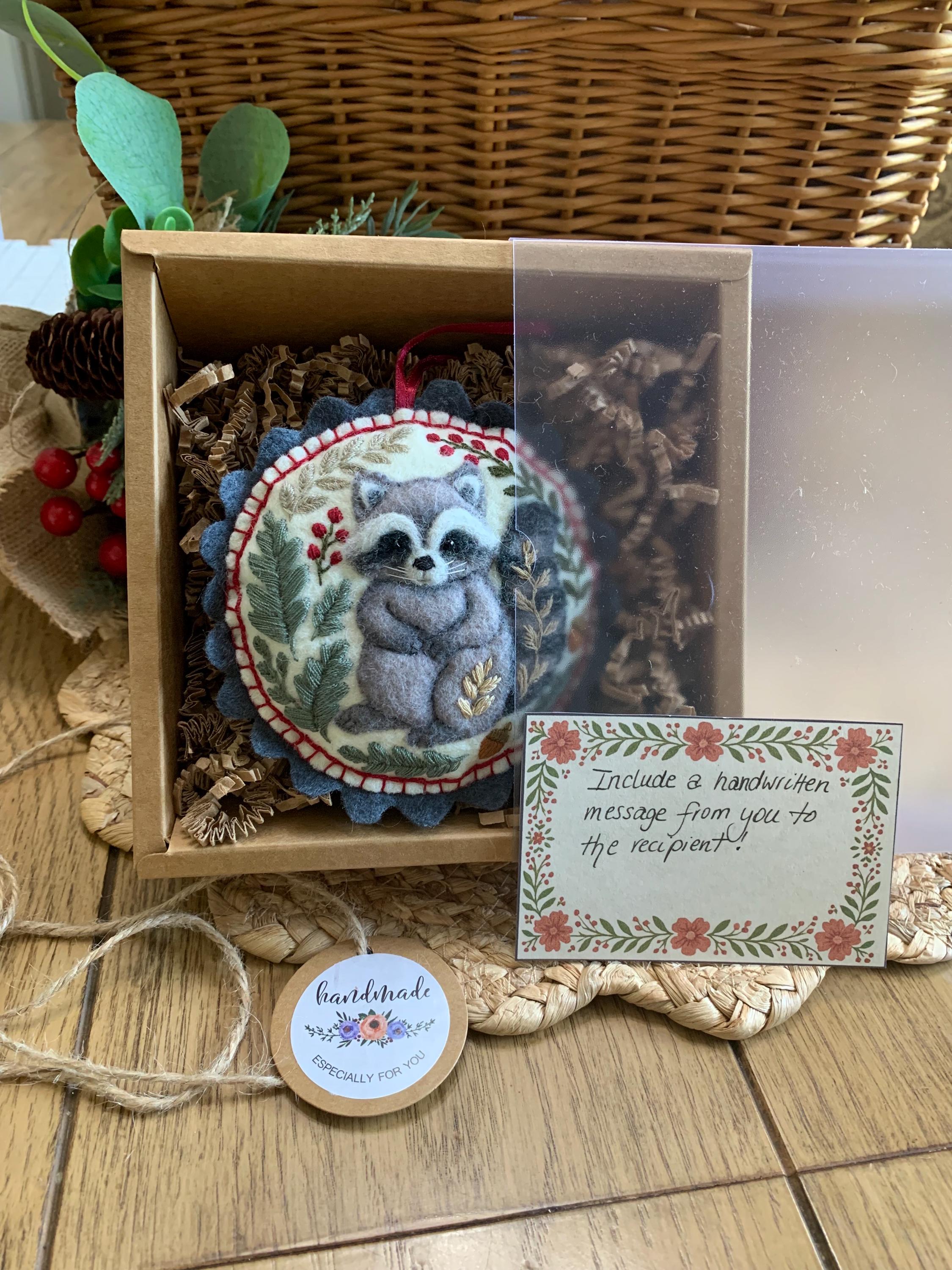 Felt Raccoon Ornament – Embroidered and Needle Felted Woodland Animal