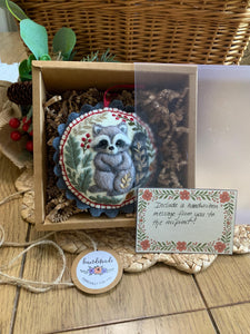 Felt Raccoon Ornament – Embroidered and Needle Felted Woodland Animal
