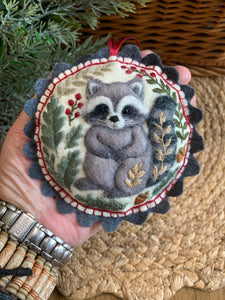 Felt Raccoon Ornament – Embroidered and Needle Felted Woodland Animal