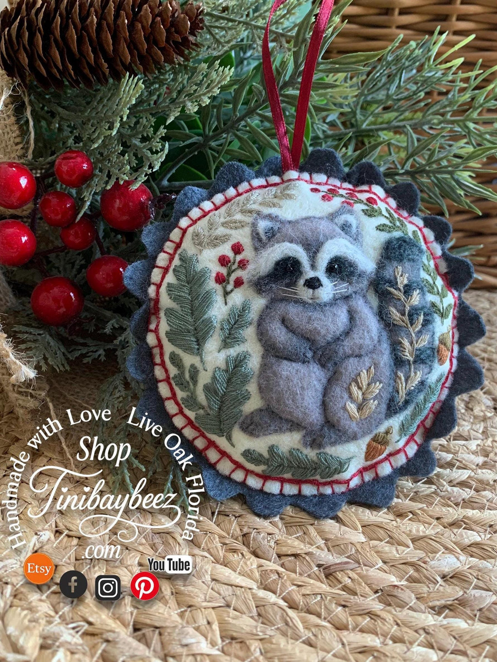 Felt Raccoon Ornament – Embroidered and Needle Felted Woodland Animal