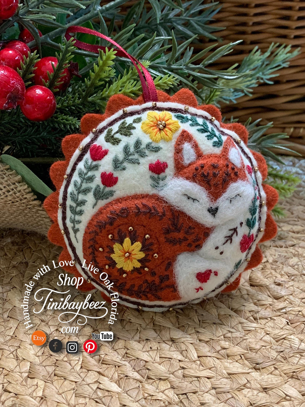 Embroidered Felt Fox Ornament - Woodland Christmas Decoration - Hand Stitched Cozy Fox - Rustic Animal Holiday Decor