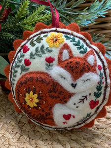 Embroidered Felt Fox Ornament - Woodland Christmas Decoration - Hand Stitched Cozy Fox - Rustic Animal Holiday Decor