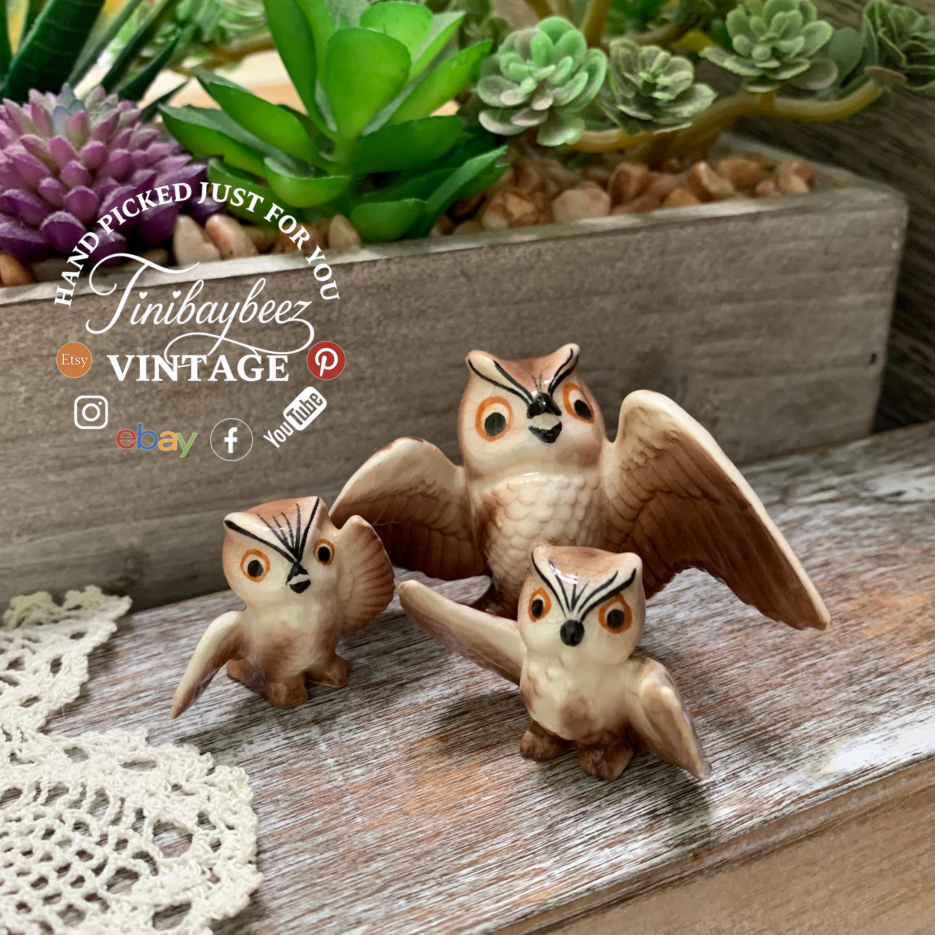 Vintage Miniature Owl Figurines – Set of 3 – Attributed to Hagen-Renaker California – Ceramic Birds with Outstretched Wings