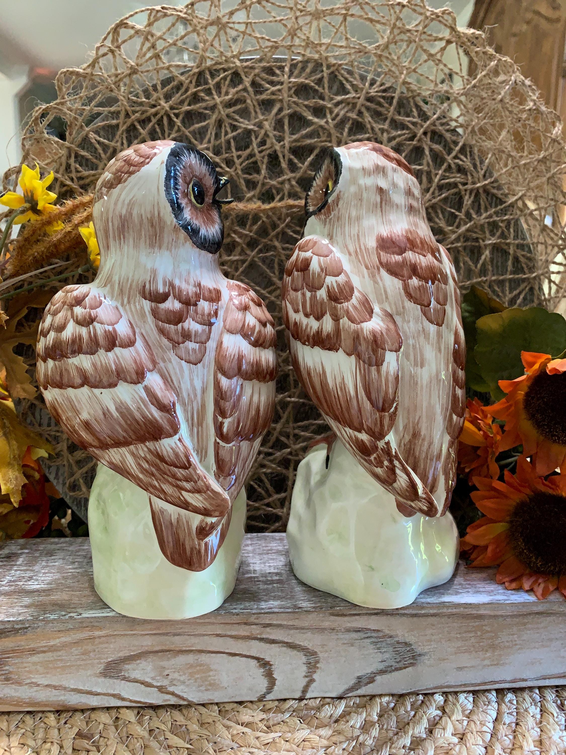 Vintage Italian Owl Figurines – Hand Painted Ceramic Pottery Pair – Marked Italy – 8 Inch Tall Owls