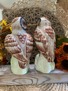 Vintage Italian Owl Figurines – Hand Painted Ceramic Pottery Pair – Marked Italy – 8 Inch Tall Owls