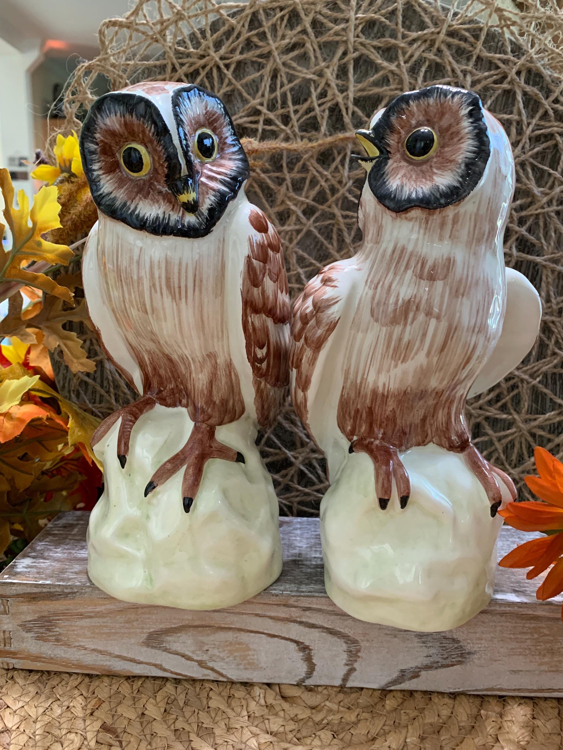 Vintage Italian Owl Figurines – Hand Painted Ceramic Pottery Pair – Marked Italy – 8 Inch Tall Owls