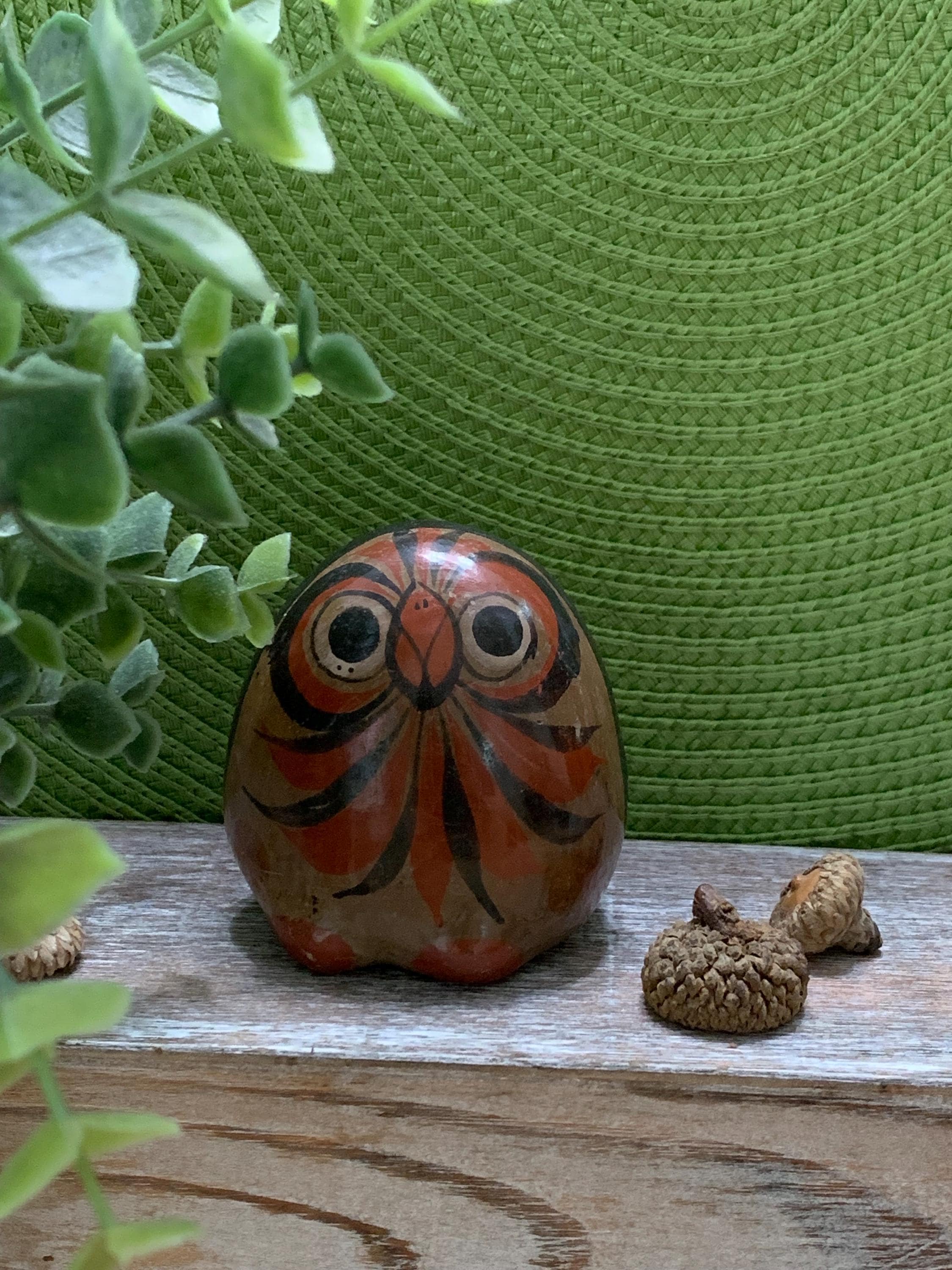 Vintage Hand-Painted Mexican Folk Art Owl Figurine – Red & Black Pottery
