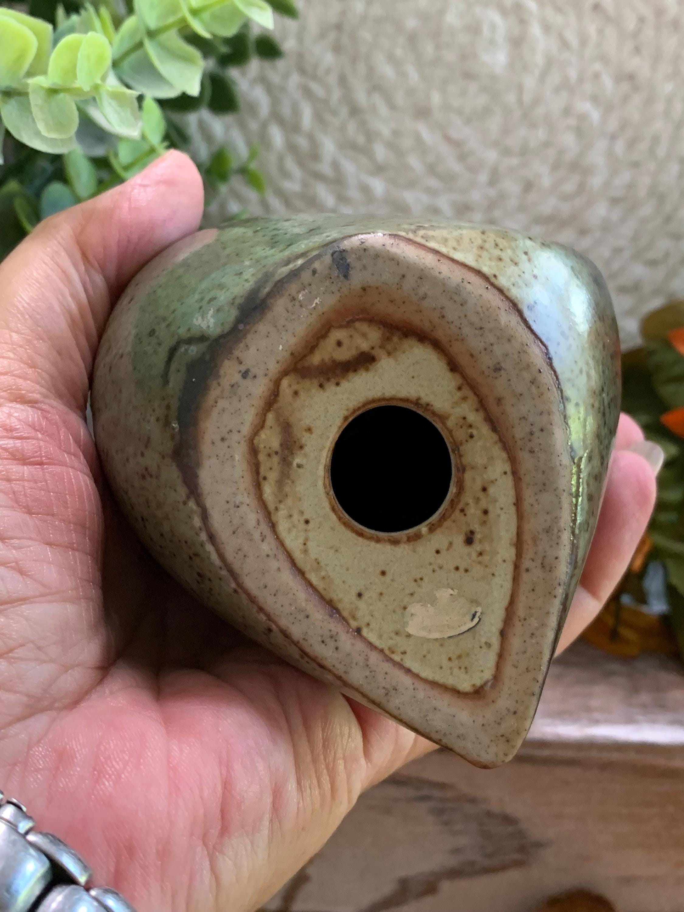 Studio Pottery Owl Figurine - Speckled Green Brown Ceramic 3.5” Tall