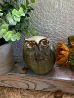 Load image into Gallery viewer, Studio Pottery Owl Figurine - Speckled Green Brown Ceramic 3.5” Tall
