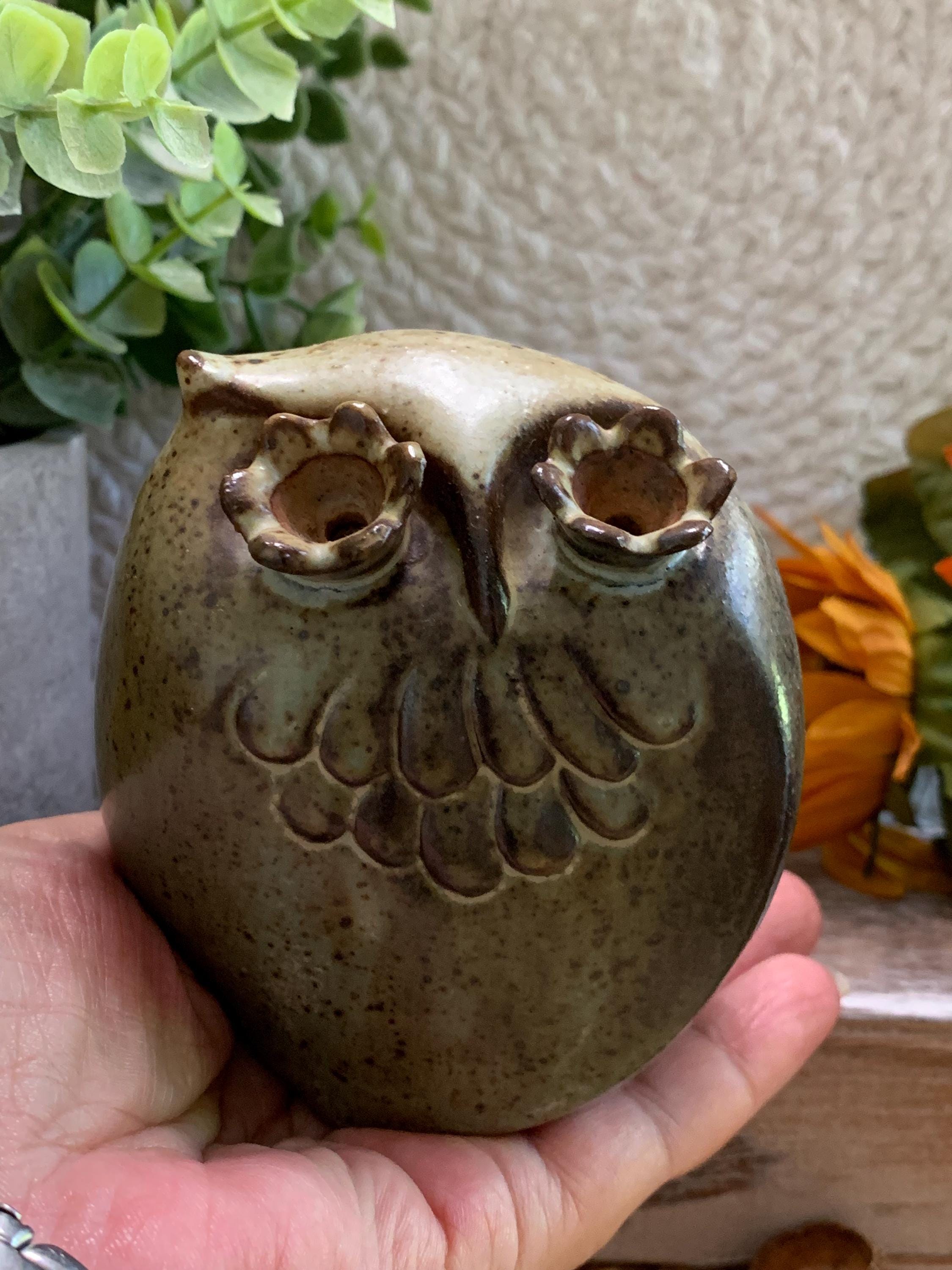 Studio Pottery Owl Figurine - Speckled Green Brown Ceramic 3.5” Tall