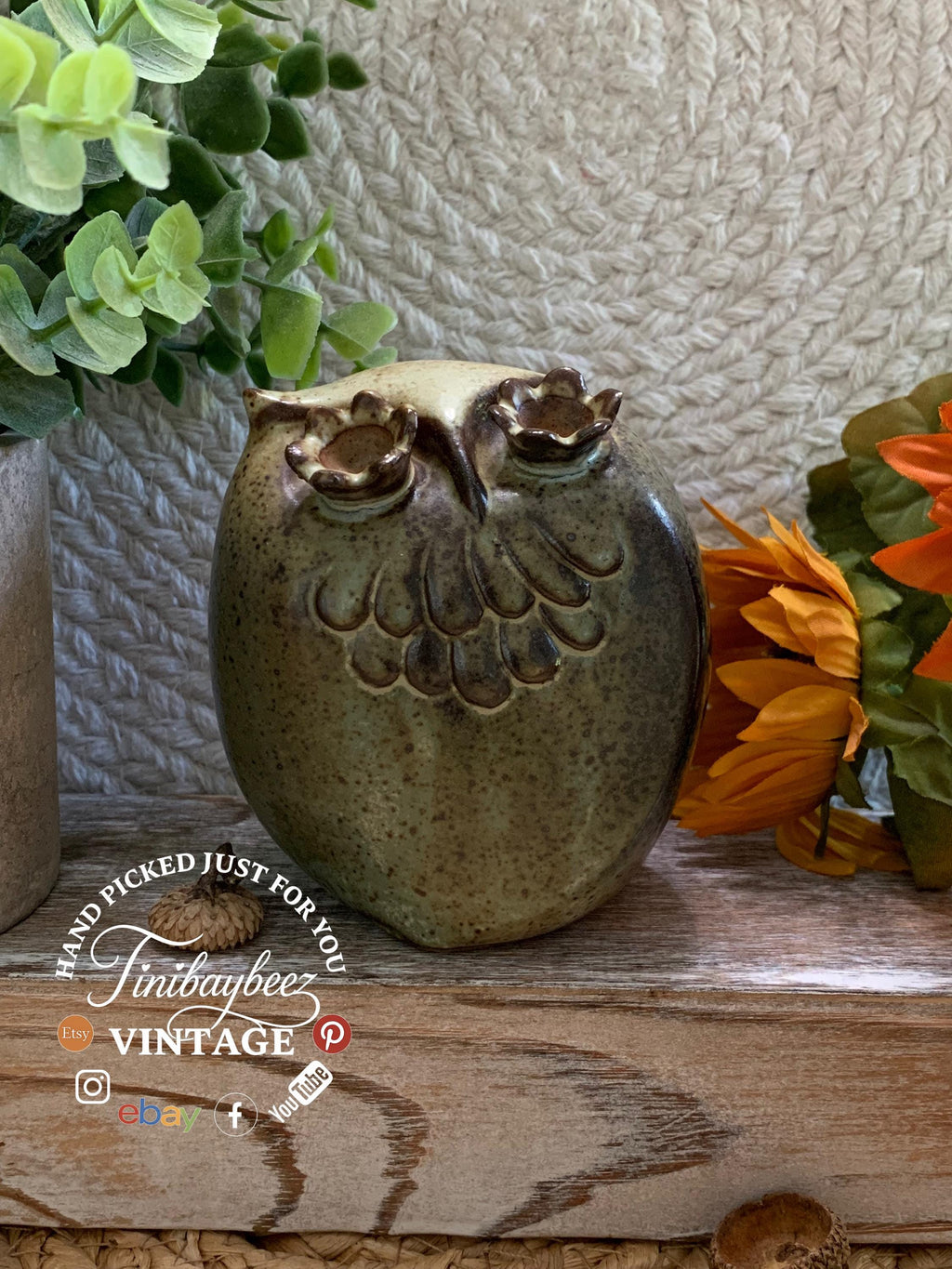 Studio Pottery Owl Figurine - Speckled Green Brown Ceramic 3.5” Tall