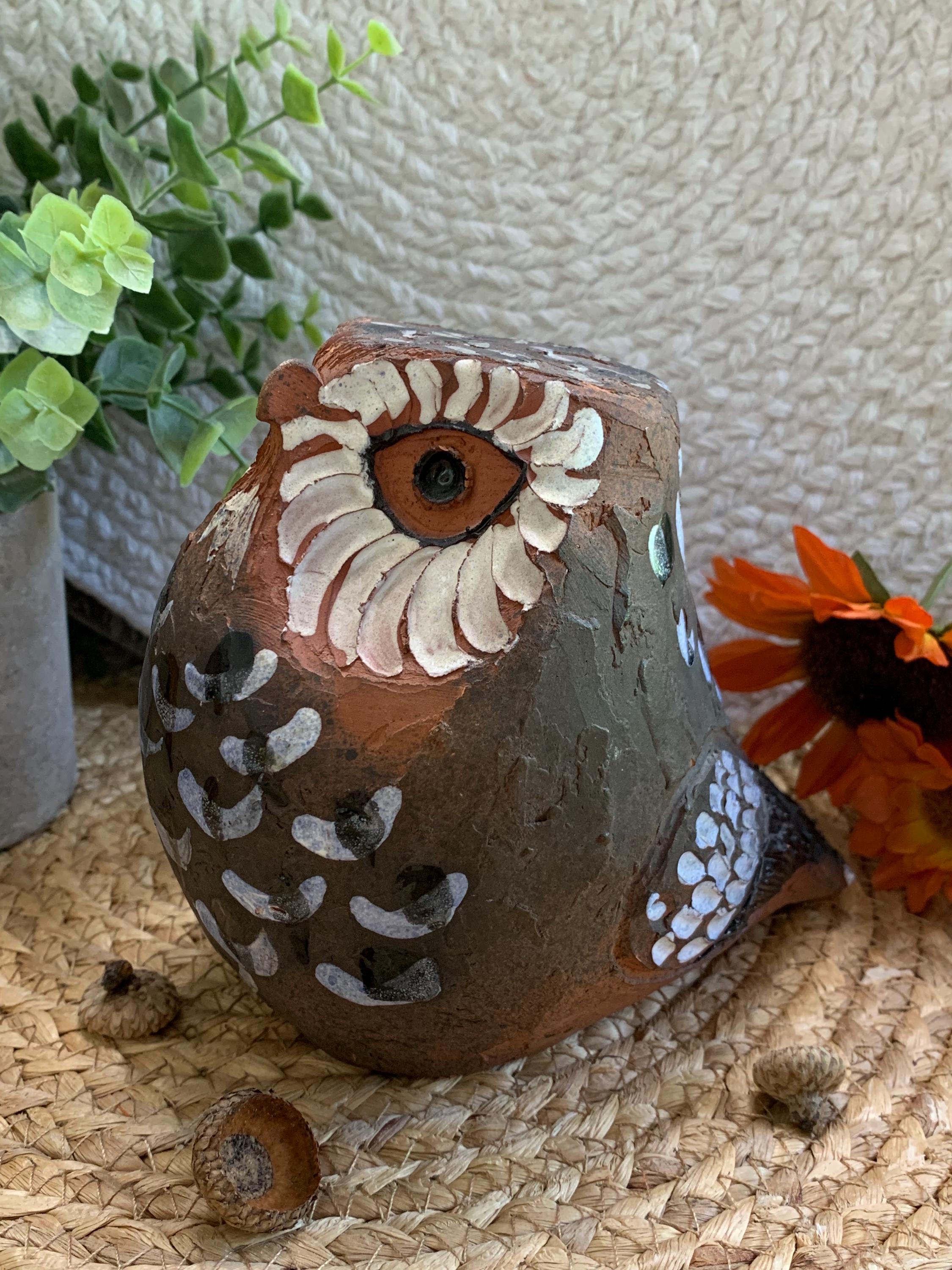 Hand-Painted Terra Cotta Owl – Folk Art Sculpture – Rustic Owl Figurine
