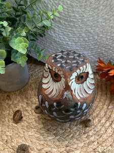 Hand-Painted Terra Cotta Owl – Folk Art Sculpture – Rustic Owl Figurine