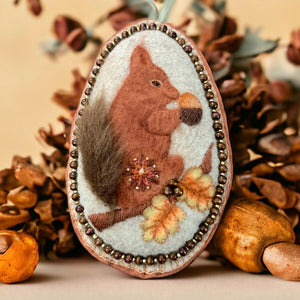 Felt Squirrel Ornament – Hand Embroidered – Needle Felted – with Wooden Bead Accents – Woodland Fall Animal Decor