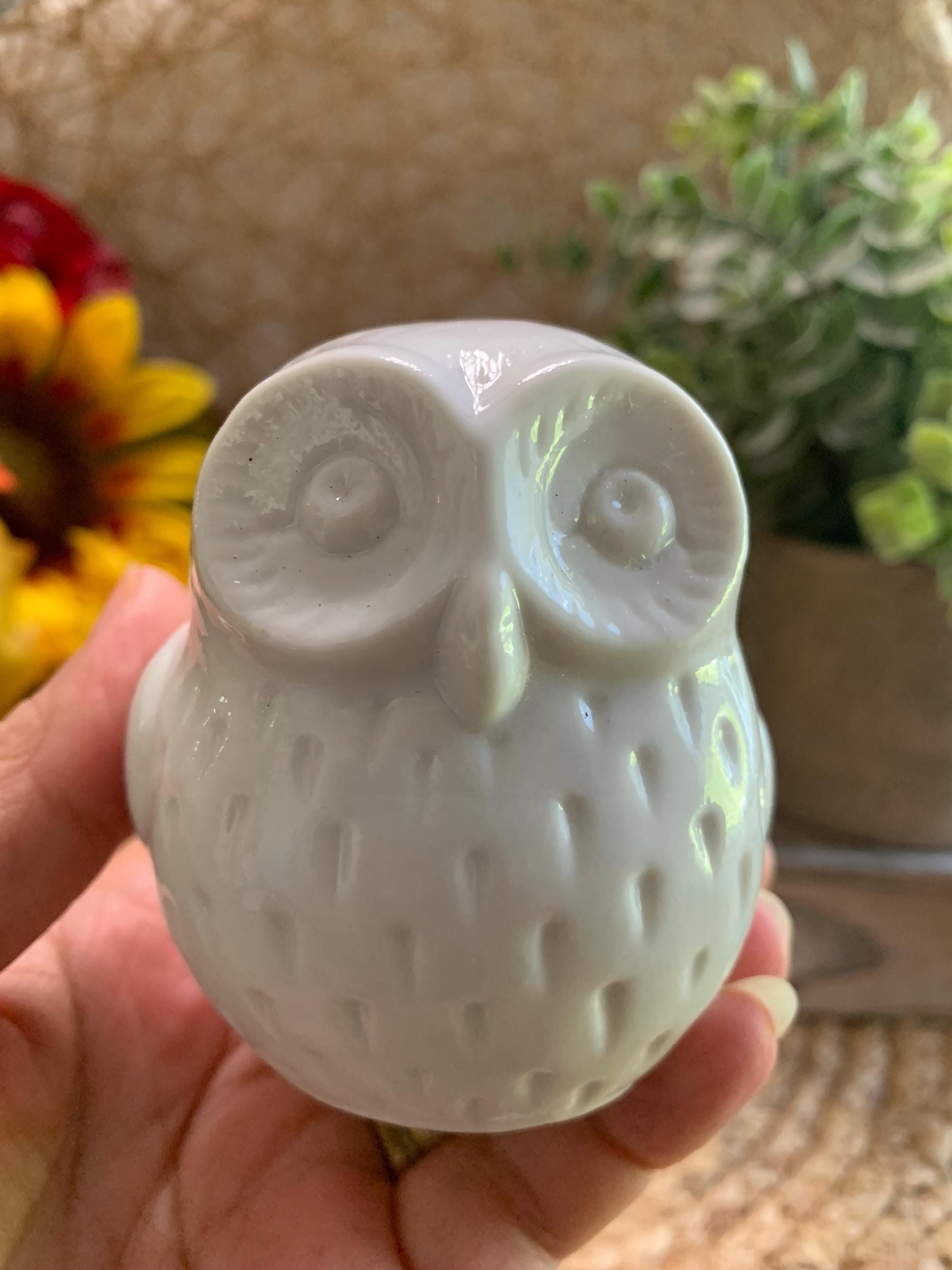 Mini White Ceramic Owl Figurine – 3” Tall – Glossy Pottery Modern Decor