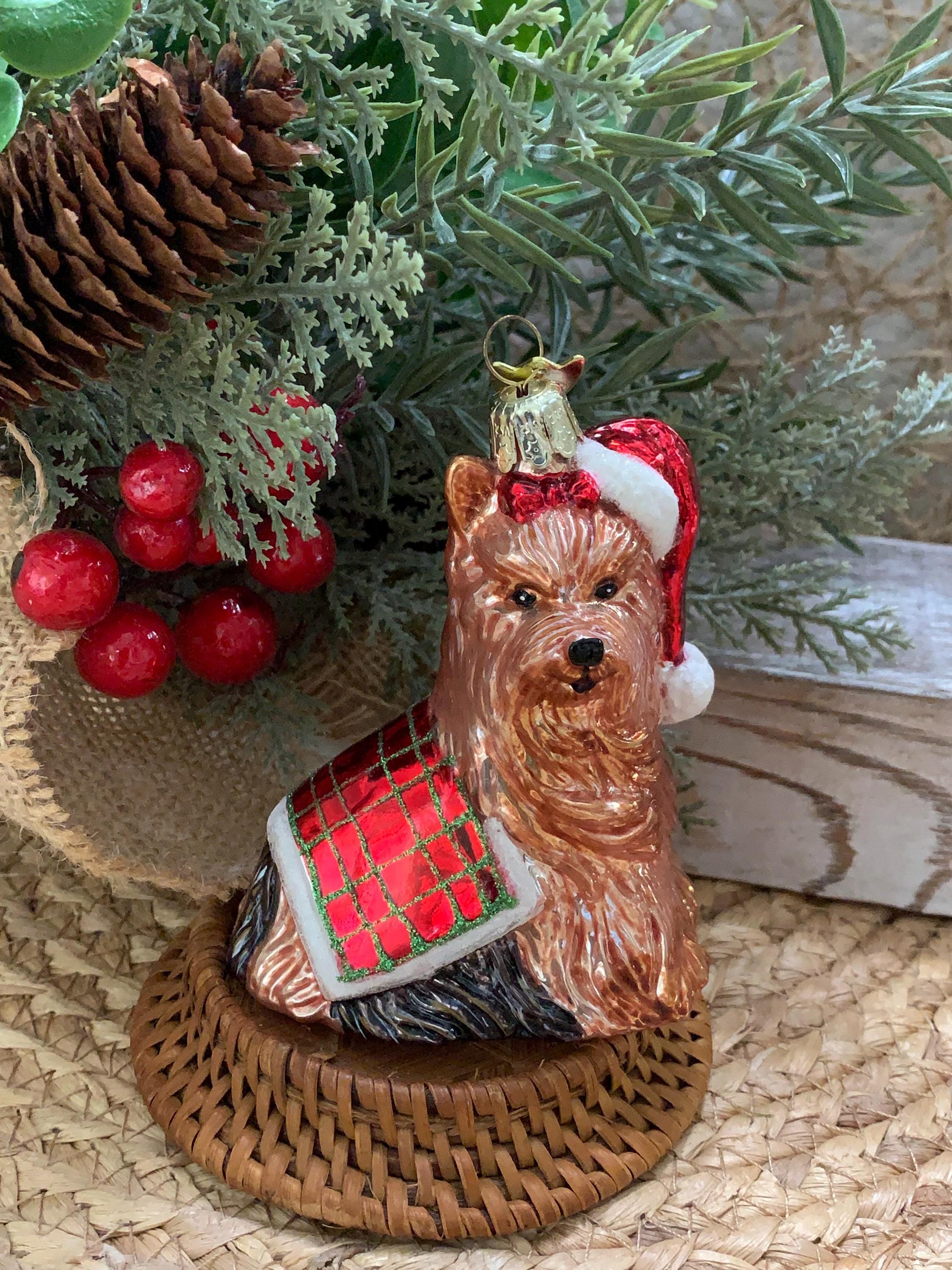 Vintage KSA Glass Yorkie Dog Christmas Ornament – Hand Painted Plaid Coat
