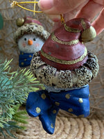 Load image into Gallery viewer, Set of 2 Snowman Head Ornaments – Rustic Resin with Blue Bow &amp; Santa Hat
