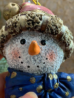 Load image into Gallery viewer, Set of 2 Snowman Head Ornaments – Rustic Resin with Blue Bow &amp; Santa Hat
